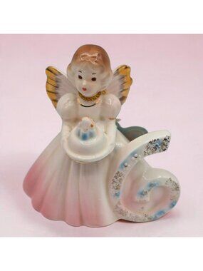 Josef Originals Birthday Girl Age 6 Figurine Gold Accents Tag Ceramic